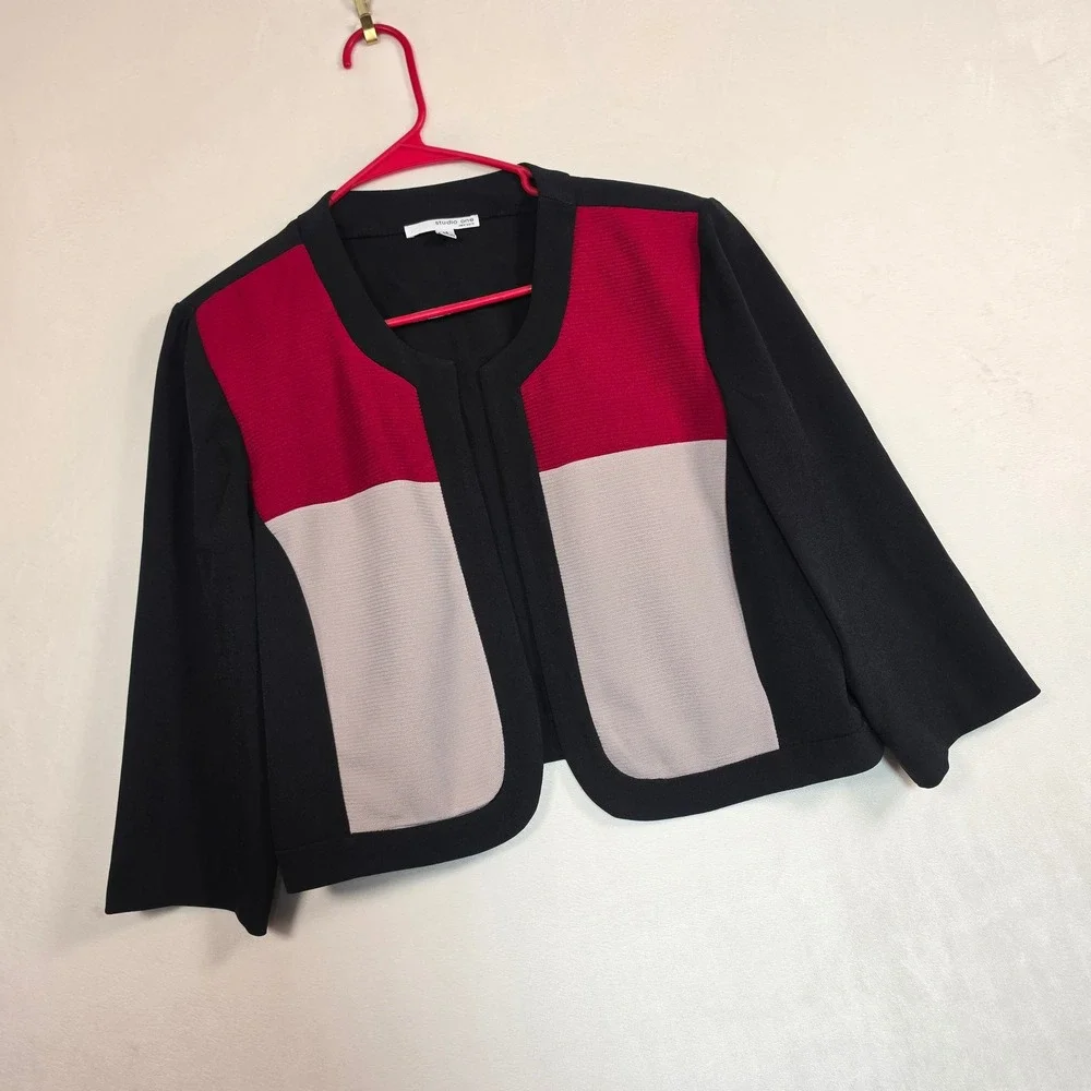 Studio One Bolero Shrug Womens 14 Black‎ Red Colorblock Minimalist Cardigan